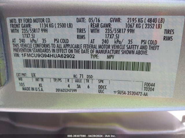 Ford ESCAPE SE 2017 1FMCU9G94HUA62902 Image 9