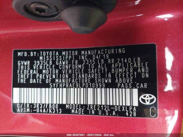 5YFHPRAE9LP010999 Toyota COROLLA LE