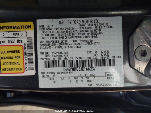 Ford FUSION SE 2018 3FA6P0HD8JR166237 Image 9