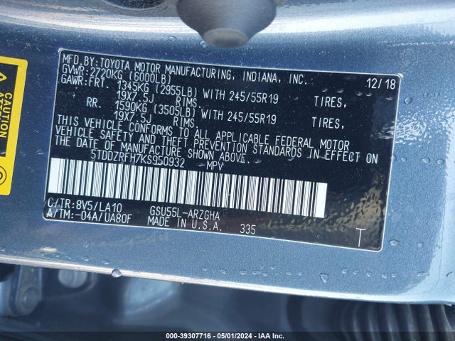 Toyota Highlander Limited Platinum 2019 5TDDZRFH7KS950932 Image 9