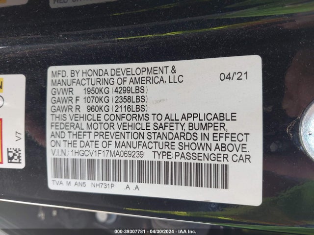 Honda ACCORD LX 2021 1HGCV1F17MA069239 Image 9