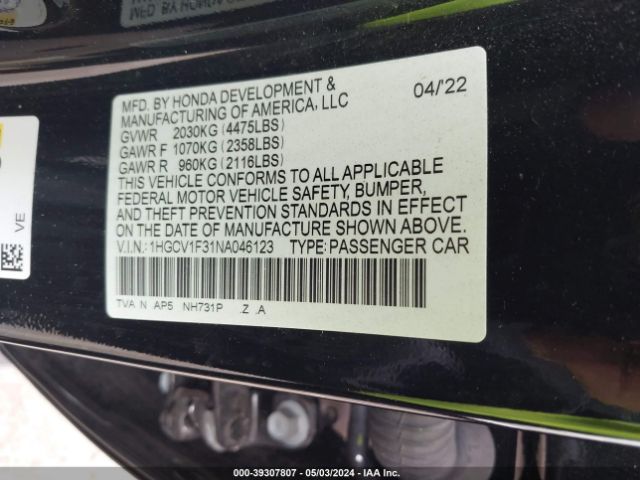 1HGCV1F31NA046123 Honda Accord Sport