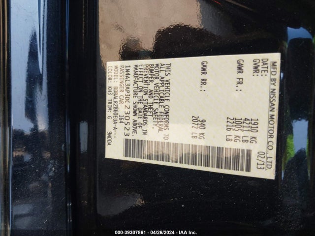 2013 Nissan Altima 2.5 S მანქანა იყიდება აუქციონზე, vin: 1N4AL3AP3DC230523, აუქციონის ნომერი: 39307861