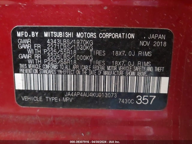 JA4AP4AU4KU013073 Mitsubishi Outlander Sport 2.0 Se