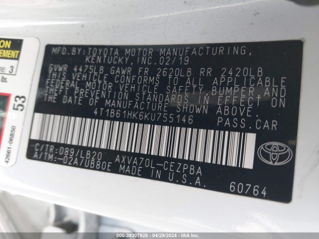 4T1B61HK6KU755146 Toyota CAMRY XSE