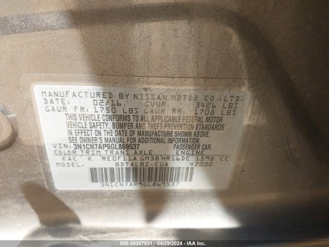 Nissan Versa 1.6 Sv 2016 3N1CN7AP9GL869537 Image 9