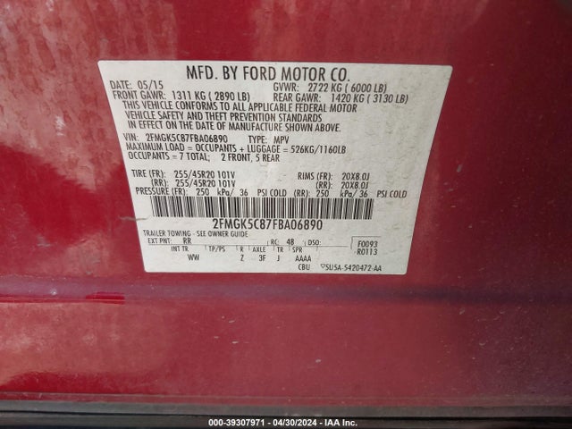 Ford FLEX SEL 2015 2FMGK5C87FBA06890 Image 9
