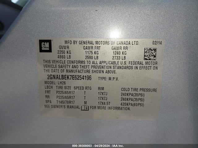 Chevrolet EQUINOX 1LT 2014 2GNALBEK7E6254196 Image 9