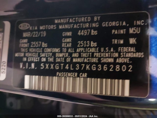 KIA Optima Lx 2019 5XXGT4L37KG362802 Image 9