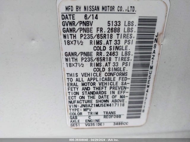 Nissan MURANO SV 2014 JN8AZ1MU5EW417118 Image 9