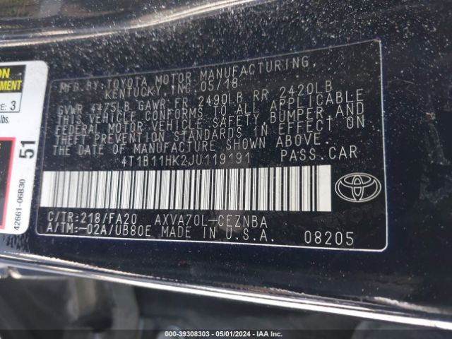 4T1B11HK2JU119191 Toyota CAMRY LE