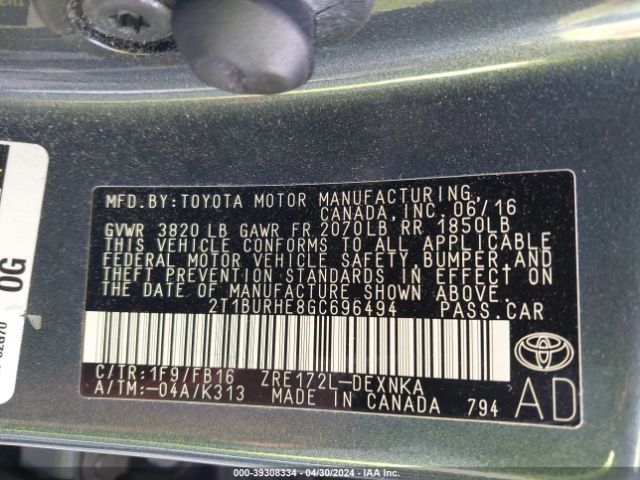2T1BURHE8GC696494 Toyota COROLLA LE