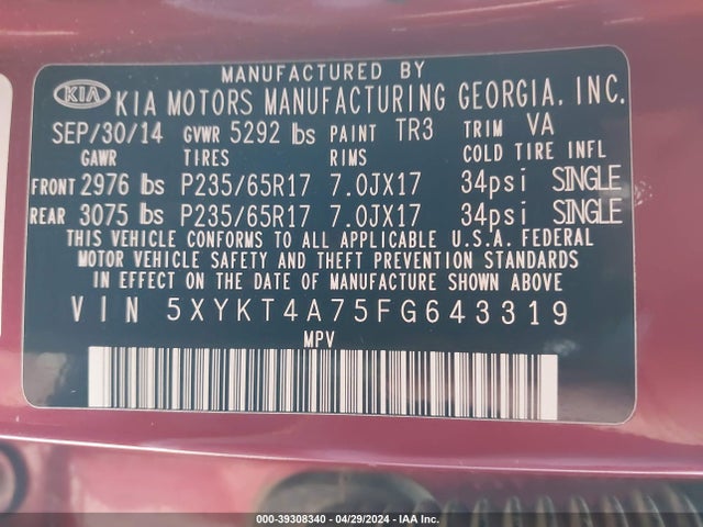 KIA Sorento Lx V6 2015 5XYKT4A75FG643319 Image 9