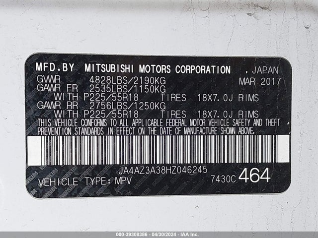 JA4AZ3A38HZ046245 Mitsubishi Outlander Se