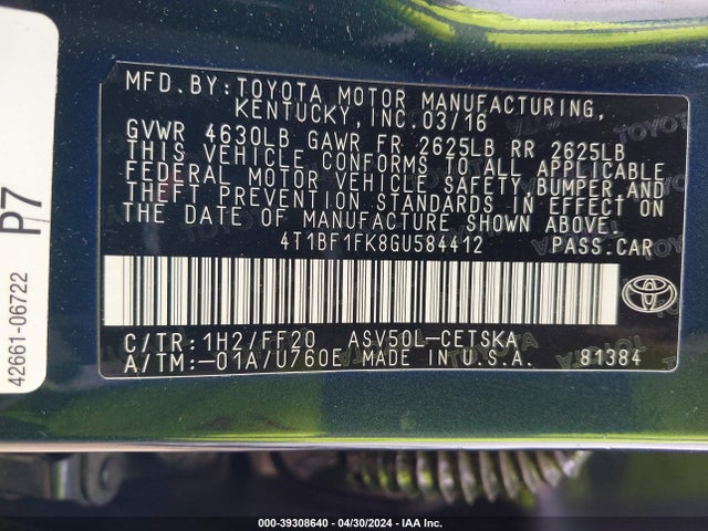 Toyota CAMRY SE 2016 4T1BF1FK8GU584412 Image 9