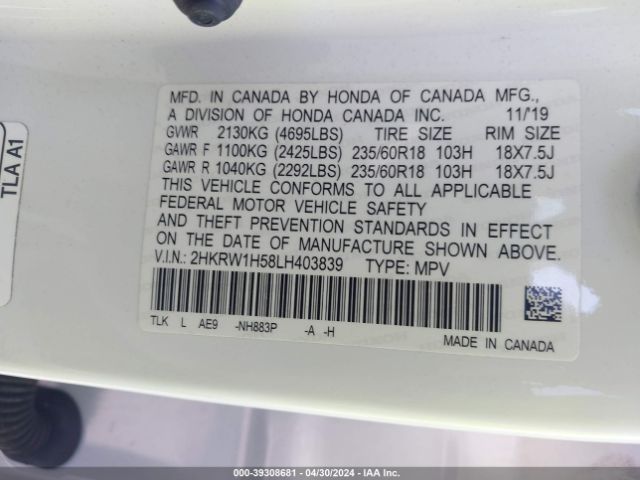 2HKRW1H58LH403839 Honda Cr-v 2wd Ex