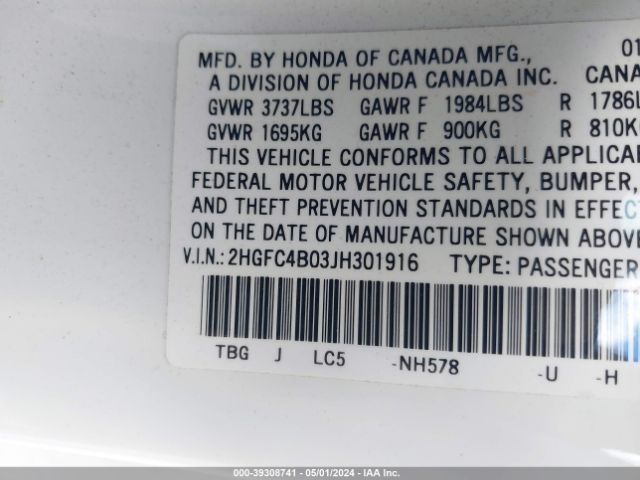 2HGFC4B03JH301916 Honda Civic Lx-p