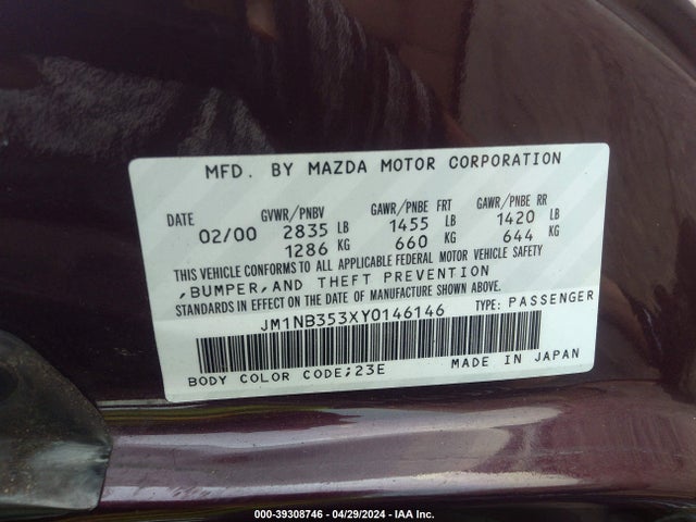 39308746 :رقم المزاد ، JM1NB353XY0146146 vin ، 2000 Mazda Mx-5 Miata Ls/special Edition مزاد بيع