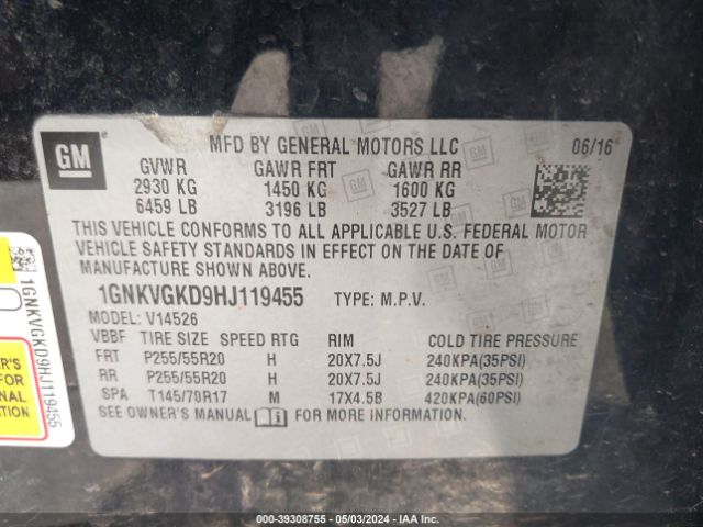 1GNKVGKD9HJ119455 Chevrolet Traverse 1lt