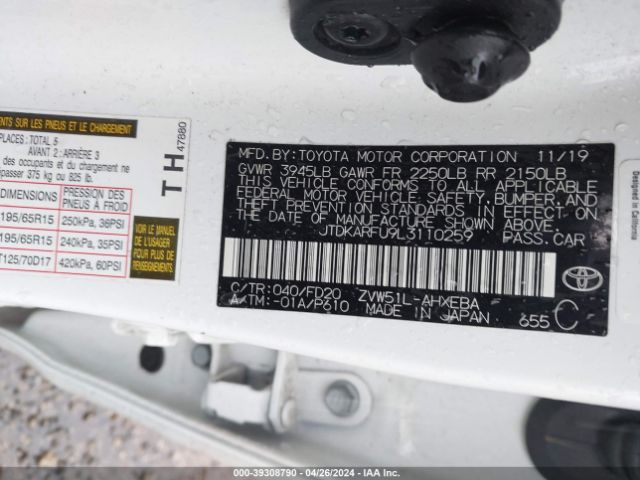 JTDKARFU9L3110259 Toyota Prius Le