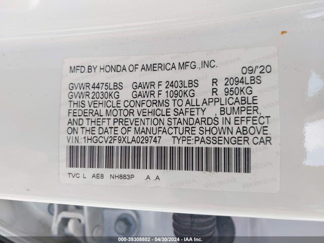 Honda Accord Touring 2020 1HGCV2F9XLA029747 Image 9