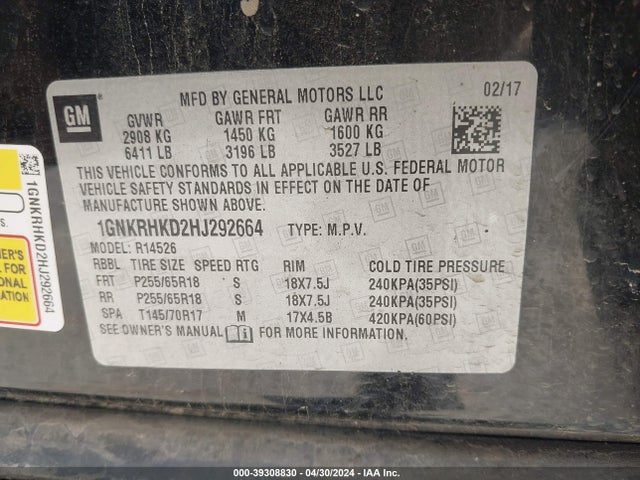 Chevrolet Traverse 2lt 2017 1GNKRHKD2HJ292664 Image 9