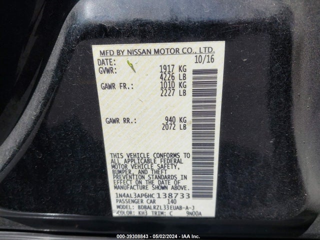 Nissan Altima 2.5 Sl 2017 1N4AL3AP6HC138733 Image 9