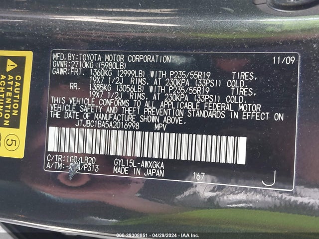 39308851 :رقم المزاد ، JTJBC1BA5A2016998 vin ، 2010 Lexus Rx 450h مزاد بيع
