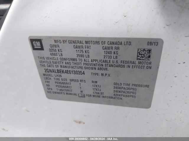 Chevrolet EQUINOX 1LT 2014 2GNALBEK4E6130354 Image 9