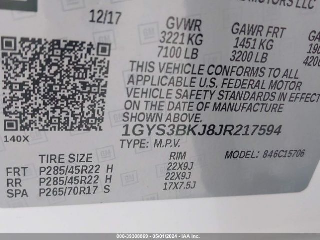 1GYS3BKJ8JR217594 Cadillac Escalade Luxury