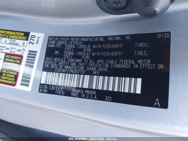 Toyota SIENNA XLE 2021 5TDYSKFC7MS007797 Image 9