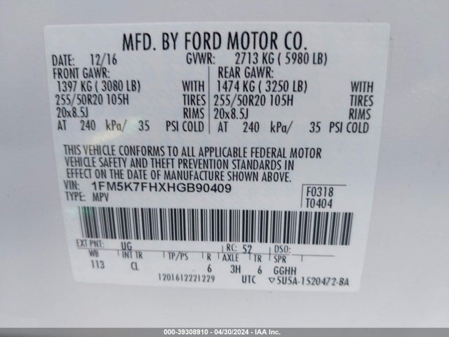 Ford Explorer Limited 2017 1FM5K7FHXHGB90409 Image 9