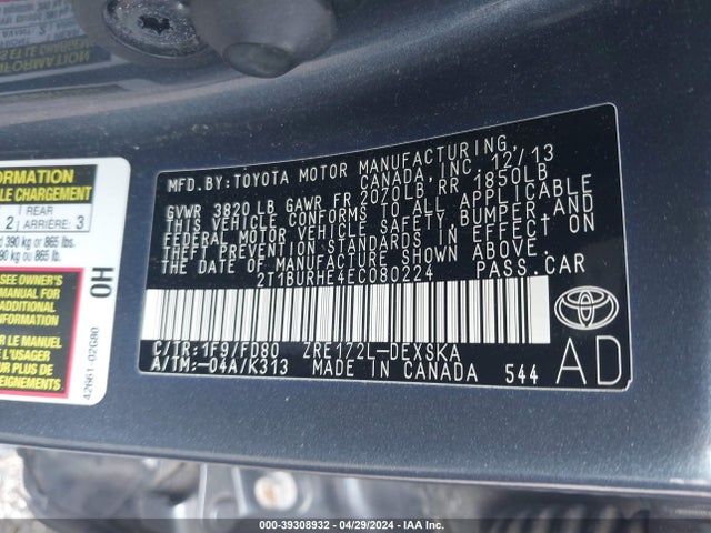 Toyota Corolla S Plus 2014 2T1BURHE4EC080224 Image 9