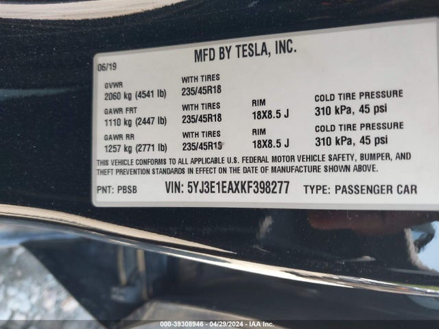 Tesla Model 3 Long Range/mid Range/standard Range/standard Range Plus 2019 5YJ3E1EAXKF398277 Image 9