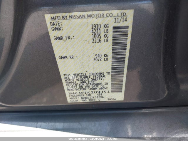 Nissan Altima 2.5 Sv 2015 1N4AL3AP1FC209351 Image 9
