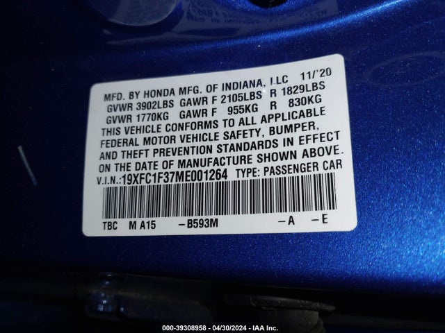 Honda CIVIC EX 2021 19XFC1F37ME001264 Image 9