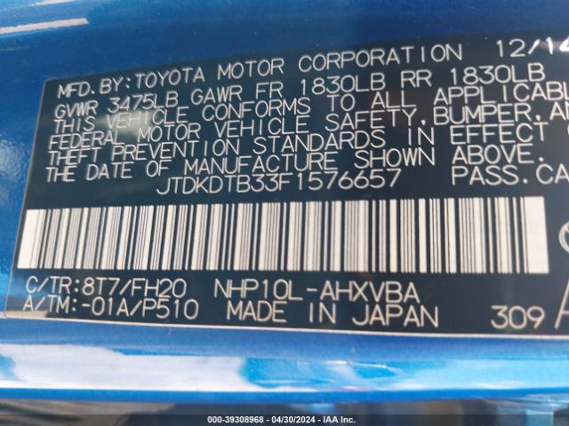 JTDKDTB33F1576657 Toyota Prius C One