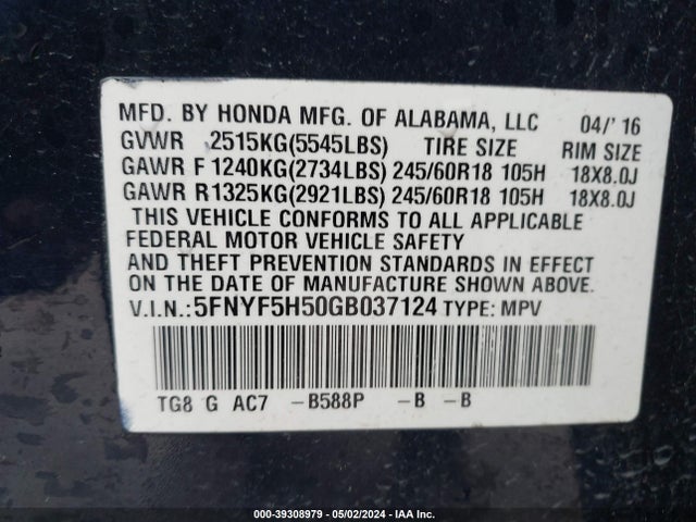 Honda Pilot Ex-l 2016 5FNYF5H50GB037124 Image 9