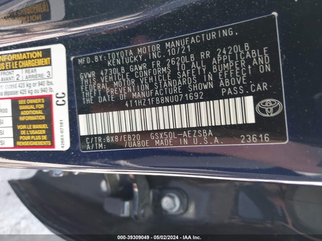 Toyota Avalon Touring 2022 4T1HZ1FB8NU071692 Image 9