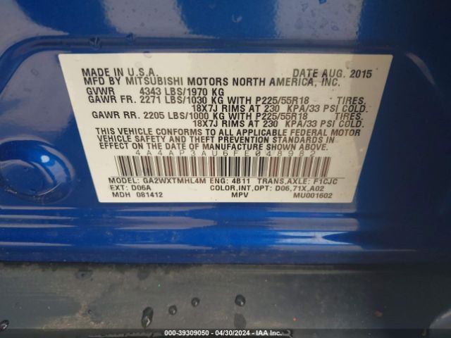 4A4AP3AU6FE048982 Mitsubishi Outlander Sport Es