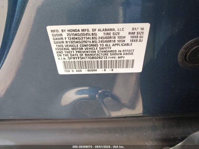Honda Pilot Ex-l 2016 5FNYF5H77GB028213 Image 9