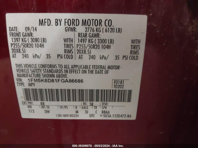 Ford EXPLORER XLT 2015 1FM5K8D81FGA86686 Image 9