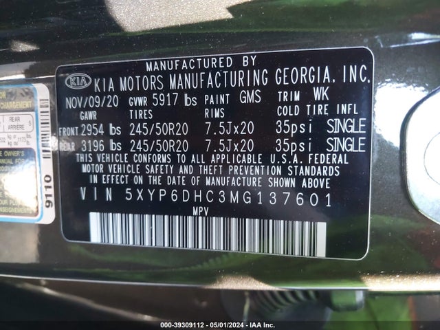 KIA Telluride S 2021 5XYP6DHC3MG137601 Image 9