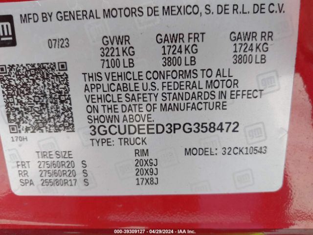 3GCUDEED3PG358472 Chevrolet Silverado 1500 4wd  Short Bed Rst