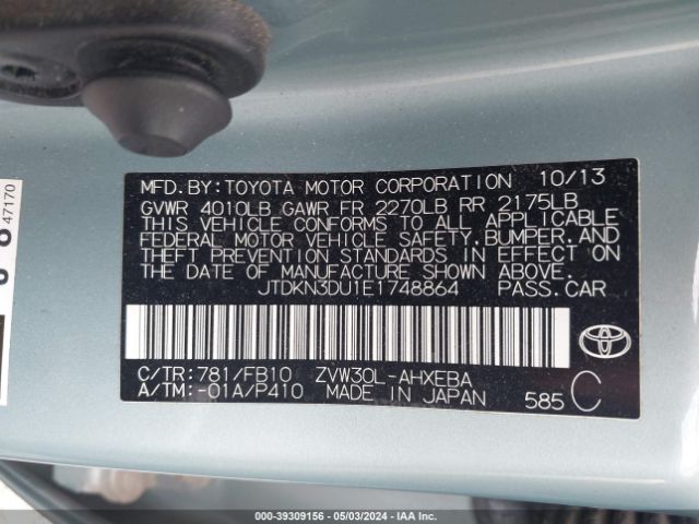 JTDKN3DU1E1748864 Toyota Prius Three