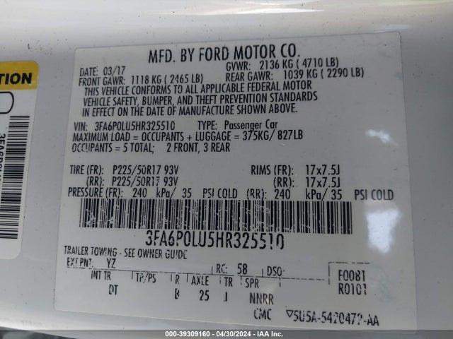 Ford Fusion Hybrid Se 2017 3FA6P0LU5HR325510 Image 9