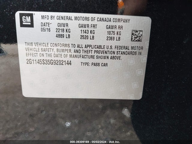 Chevrolet IMPALA 2LZ 2016 2G1145S35G9202144 Image 9