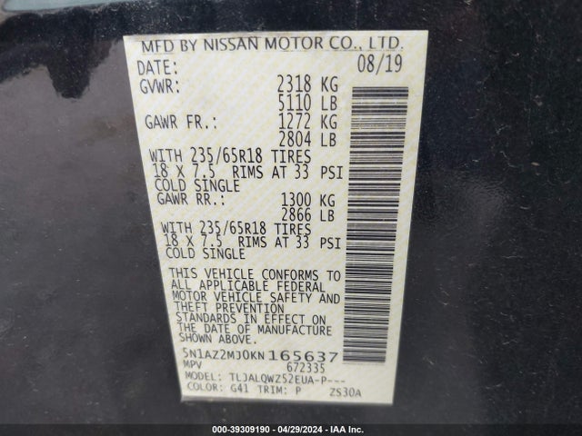 Nissan MURANO SV 2019 5N1AZ2MJ0KN165637 Image 9
