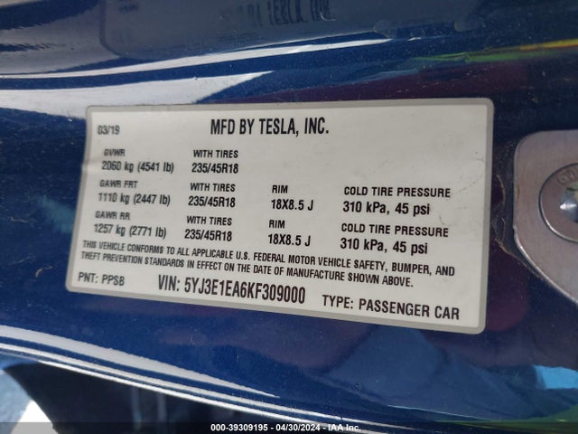Tesla Model 3 Long Range/mid Range/standard Range/standard Range Plus 2019 5YJ3E1EA6KF309000 Image 9