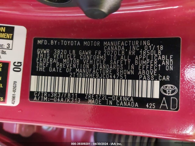 Toyota COROLLA LE 2018 2T1BURHE9JC044751 Image 9